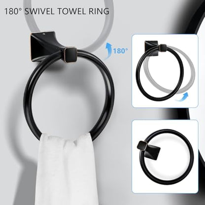 SUS304 Stainless Steel Bathroom Hardware Set, 5-Piece Matte Black Wall Mounted Towel Rack Accessories Set, 24 Inch Towel Bar, Towel Ring, Toilet Paper Holder, Towel Hooks, Multipurpose for Bathroom