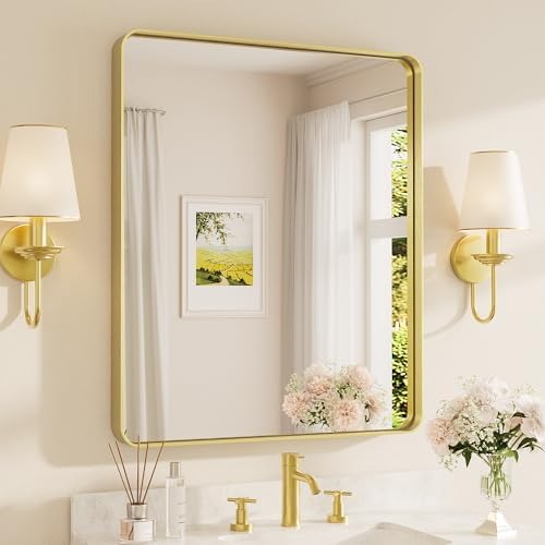 TETOTE 30 x 36 Inch Gold Mirror for Bathroom, Brushed Metal Frame Vanity Mirror, Brass Gold Rectangle Modern Decorative Wall Mirrors for Entryway Shatterproof (Horizontal/Vertical)