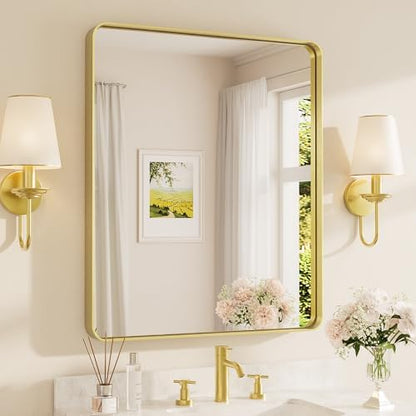 TETOTE 30 x 36 Inch Gold Mirror for Bathroom, Brushed Metal Frame Vanity Mirror, Brass Gold Rectangle Modern Decorative Wall Mirrors for Entryway Shatterproof (Horizontal/Vertical)