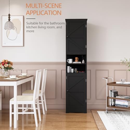 Viaozutis Tall Bathroom Storage Cabinet, Slim Freestanding Cabinet with Adjustable Shelves, Vertical Storage Organizer for Small Bathrooms, Toilet Paper & Daily Essentials Storage Black