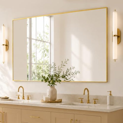 48"x30" Brushed Gold Large Framed Bathroom Vanity Wall Mirror