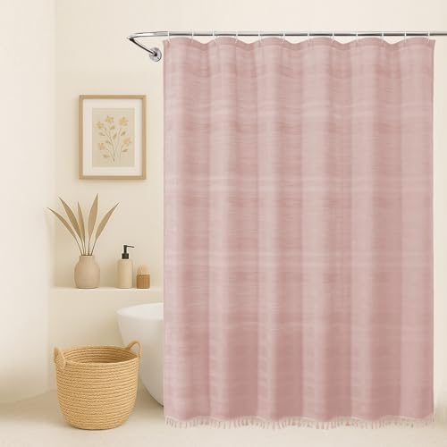 OVZME Pink Shower Curtain 78 Inch Long, Boho Thick Linen Textured Shower Curtain with Tassel, Farmhouse Minimalist Striped Weighted Machine Washable Bathroom Decor, 72Wx78L Inches
