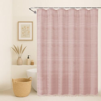 OVZME Pink Shower Curtain 78 Inch Long, Boho Thick Linen Textured Shower Curtain with Tassel, Farmhouse Minimalist Striped Weighted Machine Washable Bathroom Decor, 72Wx78L Inches