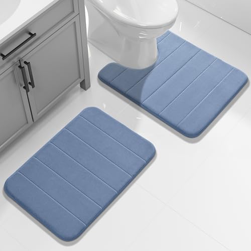 Yimobra Memory Foam Toilet Bath Mat U-Shaped, 24 X 20 Inches,Soft and Comfortable, Super Water Absorption, Non-Slip, Machine Wash and Easier to Dry for Bathroom Commode Contour Rug, Denim Blue