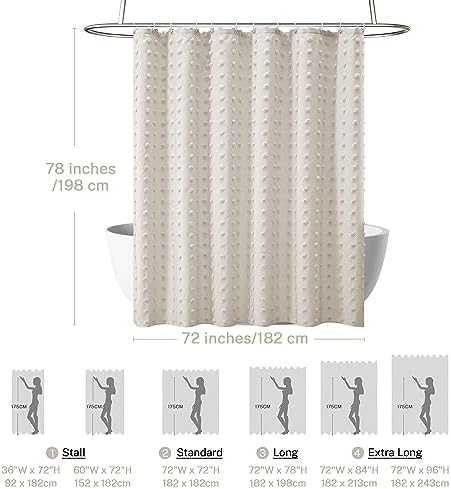 Extra Long Boho Farmhouse Shower Curtain Beige Woven Fabric Cute Shower Curtain, 72 x 78 Tufted Pleat Floral Puffs Textured Modern Farmhouse Minimalist Shower Curtain Set with Hooks for Bathroom