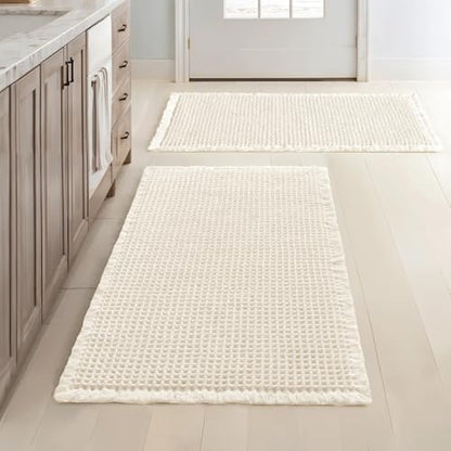 MIULEE Set of 2 Waffle Bathroom Rugs Boho Bath Mat Cream White 18x30 Inch