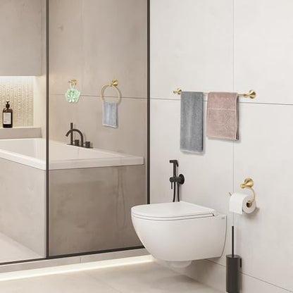 Brushed Gold Bathroom Hardware Set Wall Mounted Gold Accessories Set 4 Pieces Bathroom Hardware Set, 23.6 inch Towel Bar | Towel Hook | Toilet Paper Holder | Hand Towel Holder