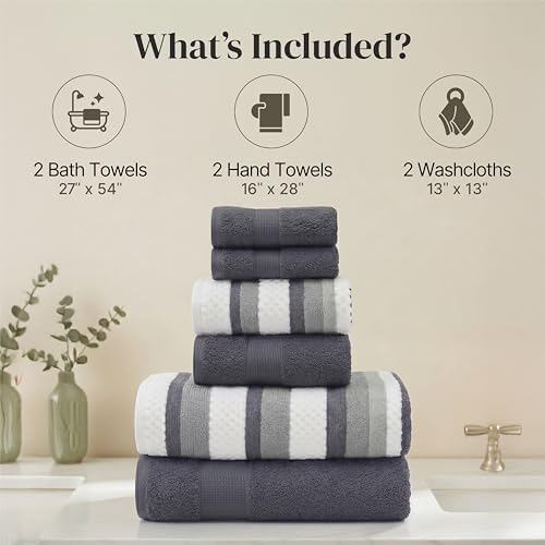 Modern Threads 6 Piece Bath Towel Set – Bathroom Towel Set with 2 Bath Towels, 2 Hand Towels & 2 Washcloths – 100% Cotton, Soft & Absorbent – Wide Stripe (Blue)