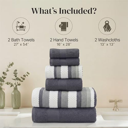 Modern Threads 6 Piece Bath Towel Set – Bathroom Towel Set with 2 Bath Towels, 2 Hand Towels & 2 Washcloths – 100% Cotton, Soft & Absorbent – Wide Stripe (Blue)