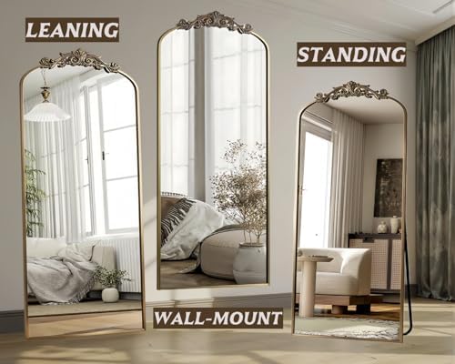 Dewfig Arched Full Length Mirror, 71"x28" Floor Mirror with Carved, Bronze
