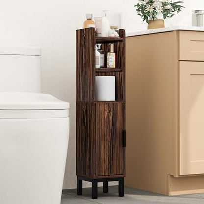 FerniTry Small Bathroom Storage Cabinet, Corner Floor Cabinet with Door and Shelves, Narrow Toilet Paper Cabinet, Bathroom Organizer with Adjustable Shelf, for Small Spaces (Walnut)
