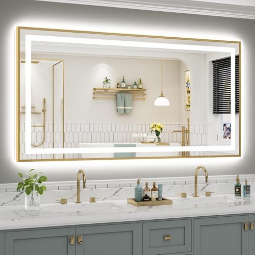 68x36 Inch LED Bathroom Mirror with Gold Frame, Backlit & Front Lit