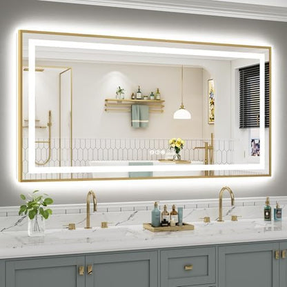 68x36 Inch LED Bathroom Mirror with Gold Frame, Backlit & Front Lit