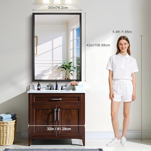 CIRCUMI 30"x42" Brushed Black Bathroom Mirror, Rectangular Vanity Mirror