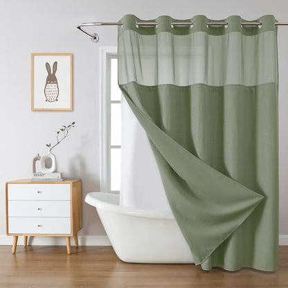 No Hook Waffle Shower Curtain with Snap-in Liner, 60x74 Inch, Sage Green