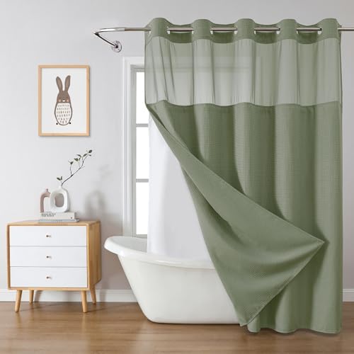No Hook Waffle Shower Curtain with Snap-in Liner, 71x80 Inch, Sage Green