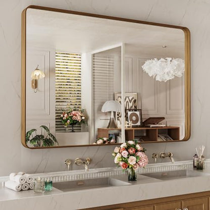 LOAAO 55X36 Inch Bathroom Mirror with Wood Grain Colored Metal Frame, Rounded Rectangle Metal Framed Bathroom Mirror, Anti-Rust, Hangs Horizontally or Vertically, Tempered Glass