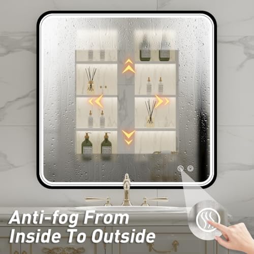 36X36 Inch LED Lighted Bathroom Mirror,Black Frame,3 Color