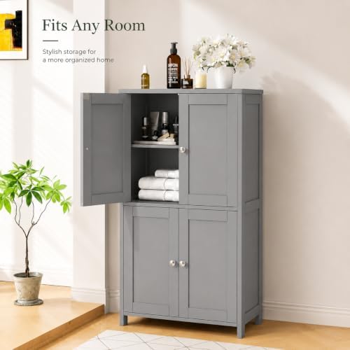 Nuturelly Bathroom Floor Storage Cabinet, 4 Doors, Anti-Tip, Grey