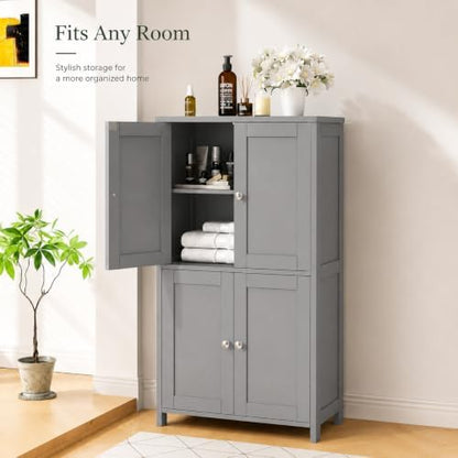 Nuturelly Bathroom Floor Storage Cabinet, 4 Doors, Anti-Tip, Grey