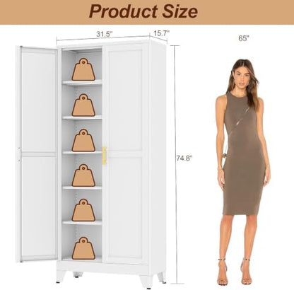 75" White Metal Storage Cabinet with 2 Doors and 5 Adjustable Shelves,Steel Garage Tool Cabinet, File Cabinet,Kitchen Pantry Cabinet for Home,Office,Garage,School,Warehouse