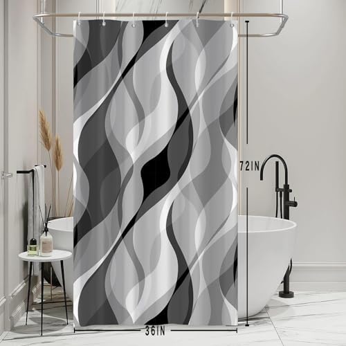 Grey Striped Stall Shower Curtain with Hooks, 36x72 Inch