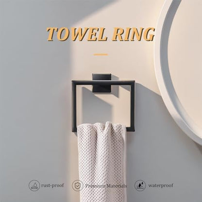 5 Pieces Bathroom Hardware Accessories Set 16 Inch Wall Mounted Towel Bar Set Matte Black Towel Rack Rings Stainless Steel Toilet Paper Holder Bath Coat Hooks