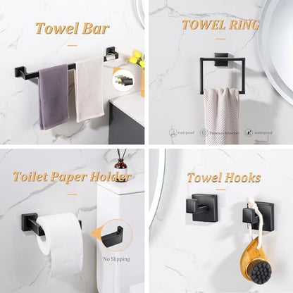 Bathroom Hardware Accessories Set 5 Pieces Matte Black Towel Bar Set, Wall Mounted Towel Rack Toilet Paper Holder Stainless Steel Bath Coat Hooks 24 Inch