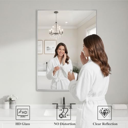 Koonmi Silver Rectangle Wall Mirror, 26x38 Inch Bathroom Mirror, Aluminum Frame Vanity Mirror for Entryway, Living Room, Bedroom Bathroom, Hangs Horizontally or Vertically