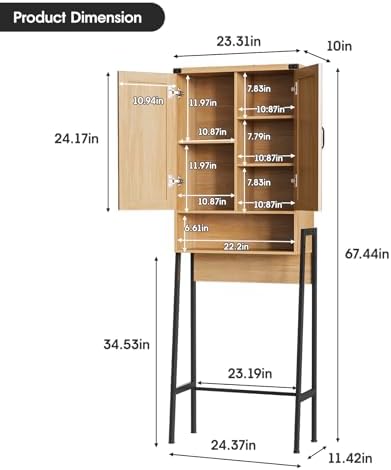 Vabches Over The Toilet Storage Cabinet with 2-Door Design Bathroom Organizers and Storage with Anti-Tip Device Over Toilet Organizer with Shelves for Bathroom,Restroom,Laundry Natural