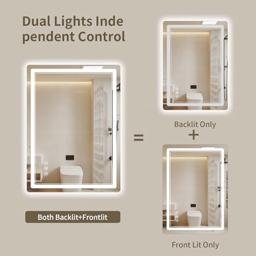 22"x30" LED Bathroom Mirror with Lights, Backlit + Front Lit, Anti-Fog, Lighted Bathroom Mirror for Wall, HD Shatterproof Tempered Glass, Dimmable, Memory Function (Horizontal/Vertical)