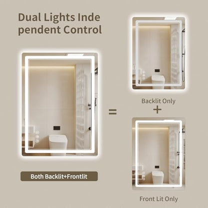 22"x30" LED Bathroom Mirror with Lights, Backlit + Front Lit, Anti-Fog, Lighted Bathroom Mirror for Wall, HD Shatterproof Tempered Glass, Dimmable, Memory Function (Horizontal/Vertical)