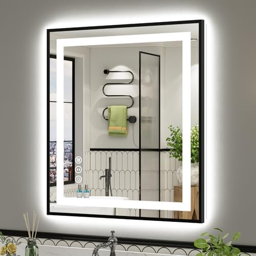 36x30 Inch LED Bathroom Mirror with Black Frame, Backlit & Front Lit
