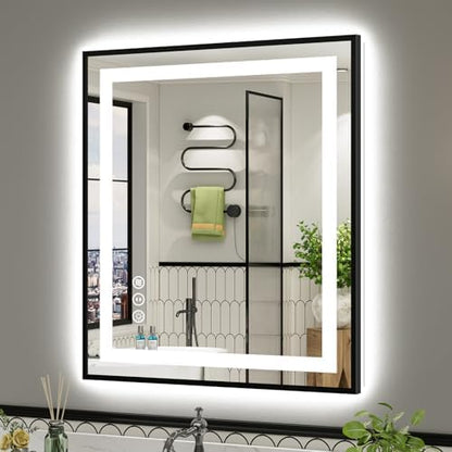 36x30 Inch LED Bathroom Mirror with Black Frame, Backlit & Front Lit