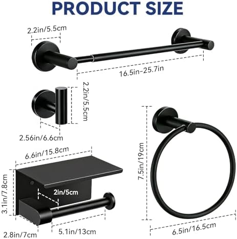 5Pcs Bathroom Hardware Set, Matte Black Bathroom Accessories Set with 24" Towel Bar, Upgraded Toilet Paper Holder with Shelf, Towel Ring & 2 Robe Hooks, Wall Mounted Stainless Steel Bath Hardware Set
