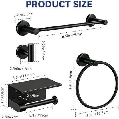 5Pcs Bathroom Hardware Set, Matte Black Bathroom Accessories Set with 24" Towel Bar, Upgraded Toilet Paper Holder with Shelf, Towel Ring & 2 Robe Hooks, Wall Mounted Stainless Steel Bath Hardware Set