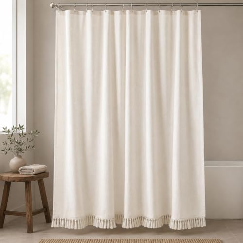 Linen Shower Curtain Boho Cream Shower Curtain with Tassels 72"W x 84"L