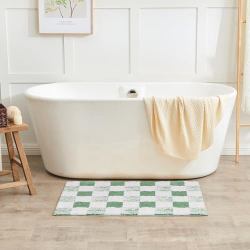 CozeCube Sage Green Checkered Bath Runner 59"x24" Non Slip Washable Rug