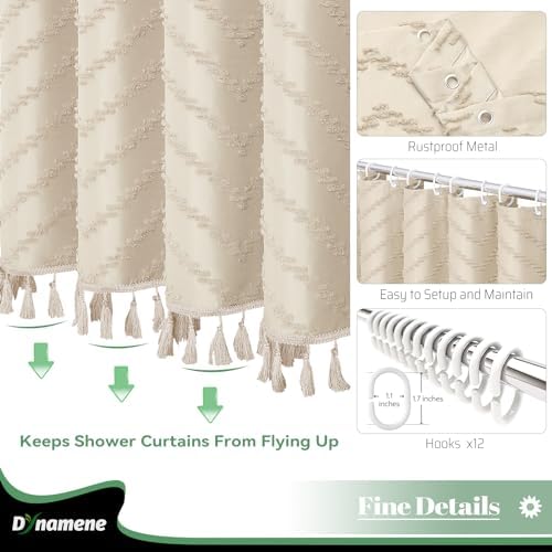Dynamene Extra Long Boho Fabric Shower Curtain Tufted Chevron 72"x84" Beige
