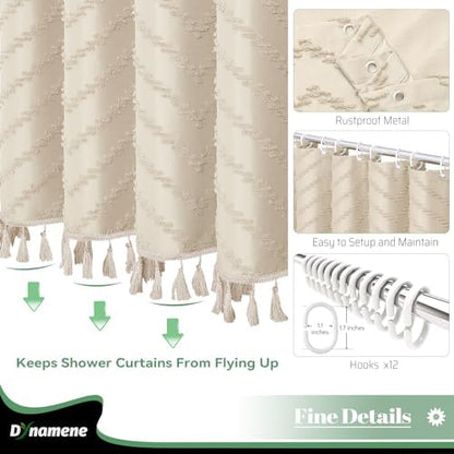 Dynamene Boho Farmhouse Fabric Shower Curtain Tufted Chevron 72"x72" Beige