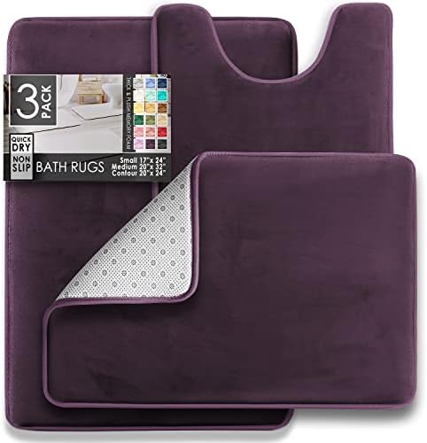 Clara Clark 3 Piece Bathroom Rugs Bath Mat Set, Velvet Memory Foam Bath Mats for Bathroom - Non-Slip, PVC Backing Bath Rugs, Washable - Dries Quickly, Purple