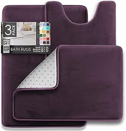 Clara Clark 3 Piece Bathroom Rugs Bath Mat Set, Velvet Memory Foam Bath Mats for Bathroom - Non-Slip, PVC Backing Bath Rugs, Washable - Dries Quickly, Purple