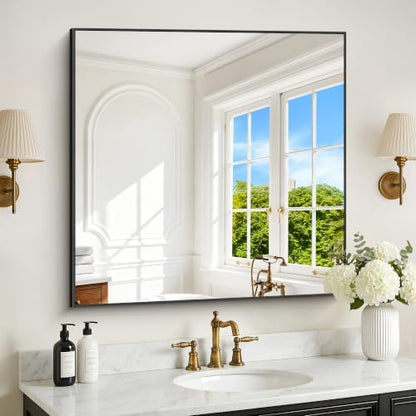 DESBING 36" x 36" Bathroom Mirror, Black Metal Frame Wall Mirror