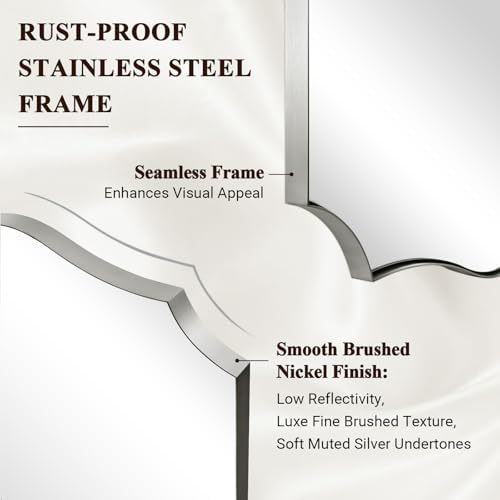ANDY STAR 28x36 Inch Brushed Nickel Mirror, Scalloped Bathroom Mirror for Wall, Silver Vanity Mirror with Rust-Proof Stainless Steel Frame, Sophisticated Curved Design Ideal for Home Remodel