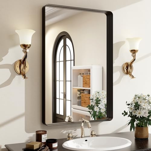 30"x22" Black Bathroom Mirror - Modern Mirror for Wall with Rounded Corners，Bathroom Mirrors for Vanity, Aluminum Alloy Framed Mirror Portrait or Landscape Hang, Rectangle Mirrors for Bedroom
