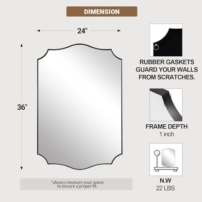 ANDY STAR Matte Black Mirror, 24x36 Inch Scalloped Bathroom Mirror, Unique Wavy Rectangle Mirror in Stainless Steel Metal 1” Frame, Wall Mount Vertical or Horizontal