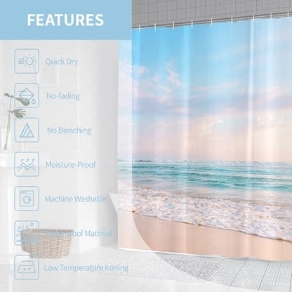 Extra Long Ocean Beach Coastal Seaside Shower Curtain for Bathroom 72W*84H Inch Nautical Summer Seacoast Beachy Waves Seascape Nature Bathtub Decor Waterproof Polyester Fabric Set