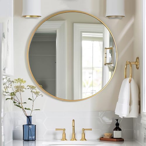 Sunniry Gold Round Mirror, 24 inch Circle Mirror, Brushed Gold Metal Frame