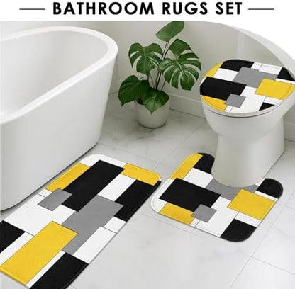 Bathroom Sets with Shower Curtain and Rugs 4 Pcs, Geometric Yellow
