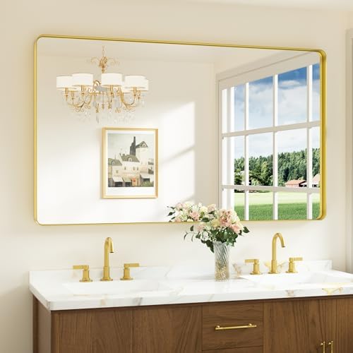 Keonjinn 60 x 36 Inch Brushed Gold Bathroom Vanity Mirror, Tempered Glass